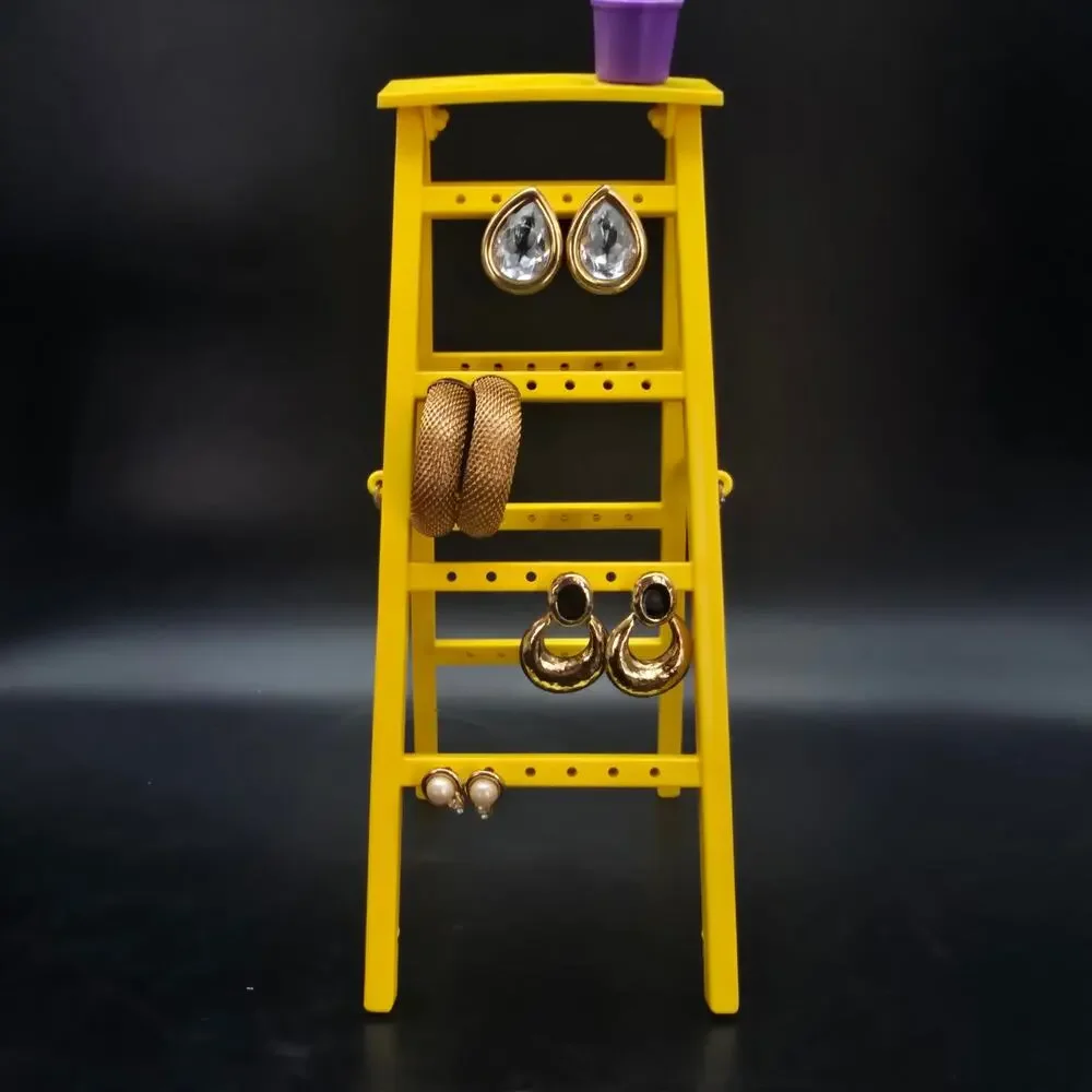 Vintage Yellow Ladder Earring Rack Tree with Paint Bucket Plastic 1980s